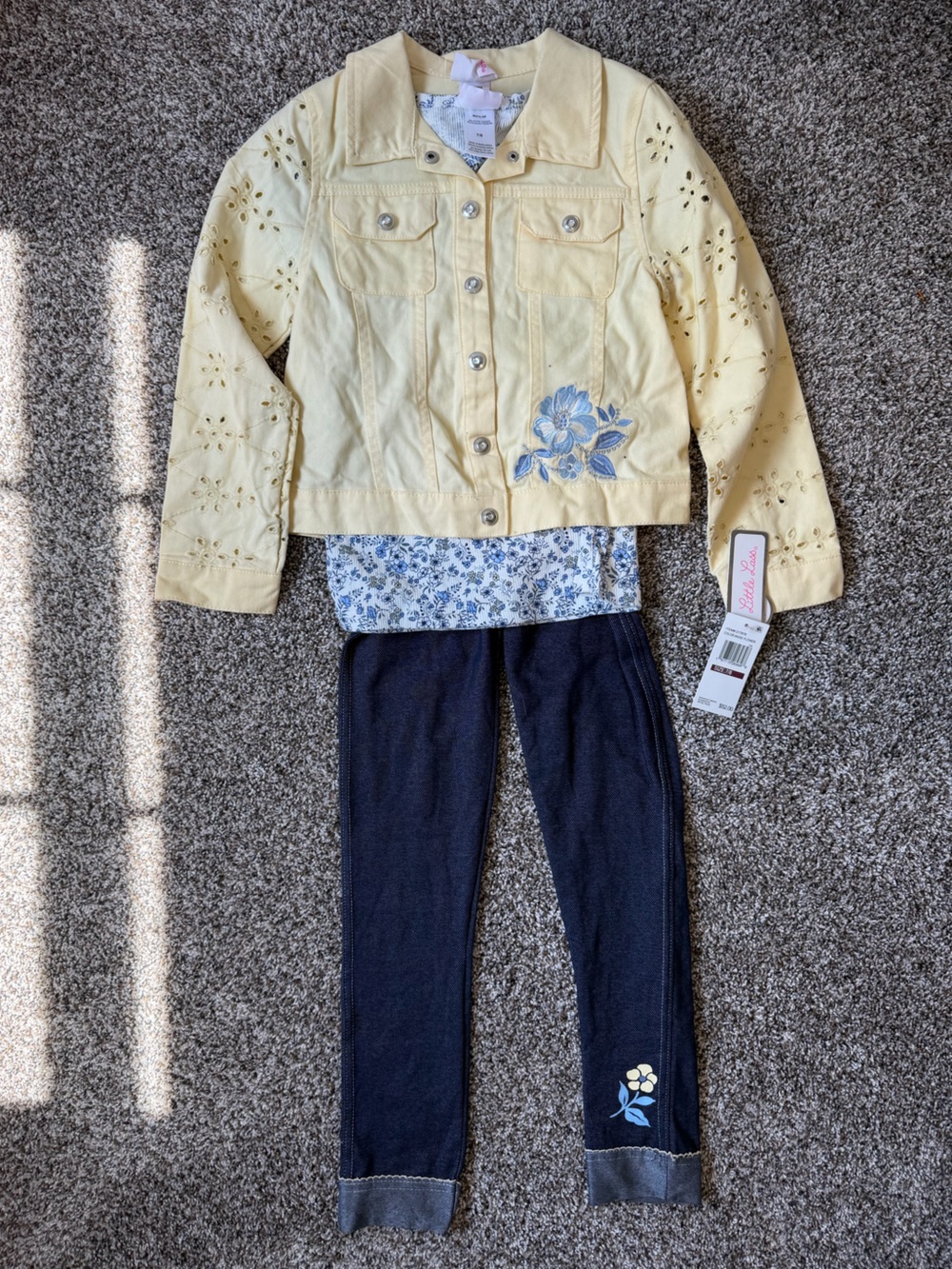 Little Lass 3 piece outfit Yellow Eyelet Jacket with Blue Floral Embroidery